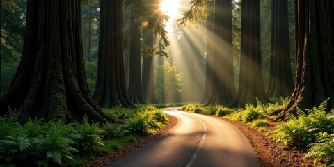 Poster - Sunbeams illuminate a winding road through a majestic forest of ancient trees, creating a mystical and serene atmosphere.