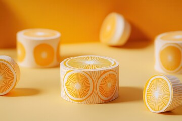 Fototapete - Orange-themed packaging with circular pattern .