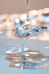 Poster - A pool of chrome-like liquid is seen dripping upward into a mysterious void, reflecting shapes of an unseen futuristic landscape with mesmerizing details