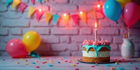 Poster - A Festive Birthday Cake with Balloons and Fairy Lights on a Brick Wall