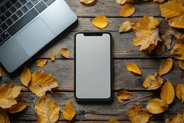 Poster - Workspace with laptop and smartphone surrounded by autumn leaves on wooden background Flat lay design with warm seasonal colors