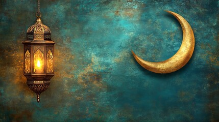 Wall Mural - Elegant ramadan kareem islamic greeting background featuring traditional lantern and crescent moon on a soft golden glow, perfect for festive celebrations, spiritual designs, and holiday invitations w