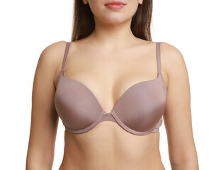 Wall Mural - Woman wearing beautiful bra on white background, closeup