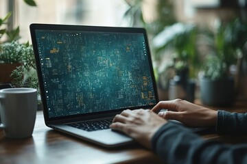 Poster - Working on a laptop with an abstract screen surrounded by plants in a cozy home office setting Cup of coffee nearby focused atmosphere