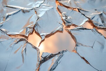 Poster - The metallic surface appears shattered with sharp cracks, exposing a warm glowing light underneath. This striking contrast creates a captivating visual interplay of texture and illumination