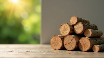 Aufkleber - A stack of neatly arranged wood logs rests on a rustic wooden surface, bathed in warm sunlight against a blurred green backdrop.