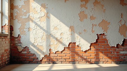 Aufkleber - Rustic interior scene featuring a weathered brick wall with peeling plaster and sunlit wooden floor