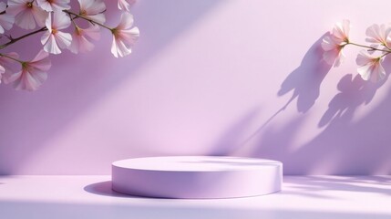 Poster - Pastel Pink Cylinder Display with Delicate Floral Accents and Gentle Sunlight Shadows