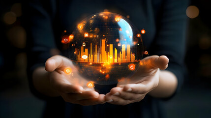 Poster - Woman holding data globe, city skyline, night