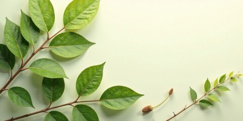 Aufkleber - Vibrant Green Leaves and Delicate Sprigs Arranged on a Soft Pale Green Background, Creating a Serene and Natural Composition Perfect for Eco-Friendly Designs and Springtime Themes