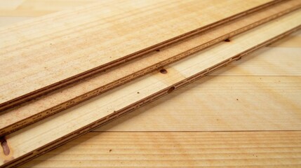 Aufkleber - Close-up view of layered wood sheets showcasing detailed grain patterns and subtle textural variations, ideal for construction and design projects