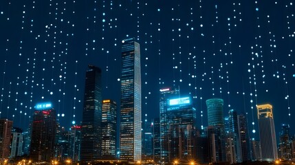 Wall Mural - Futuristic Skyline at Night with Neon Lights and Holographic Advertisements