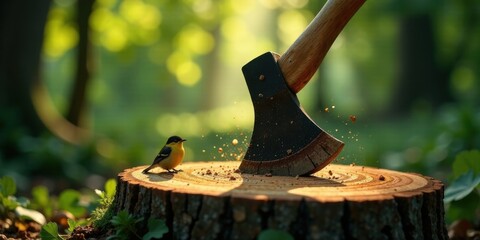 Poster - A small bird calmly observes a descending axe near a tree stump in a sunlit forest