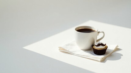 Poster - Aromatic Coffee and a Delectable Moustache-Adorned Cupcake Resting on a Pristine White Napkin in Gentle Sunlight
