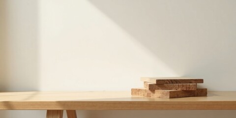 Aufkleber - Light-dappled wooden planks rest on a minimalist shelf against a neutral backdrop