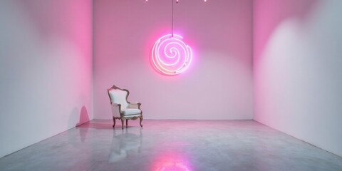 Aufkleber - A Single Ornate Chair in a Minimalist Room with Pink Neon Spiral Artwork