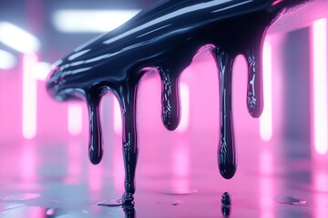 Poster - A thick black glossy liquid drips downward, creating a mesmerizing effect as it reflects vibrant ambient neon lights, enhancing the futuristic atmosphere of the environment