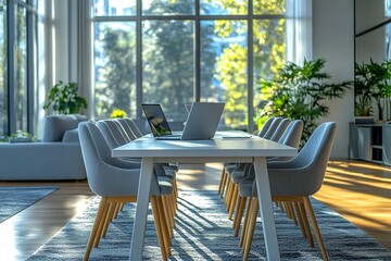 Poster - Modern Workspace: Bright open office with long table chairs and laptops Greenery adds a refreshing touch Ideal collaborative environment