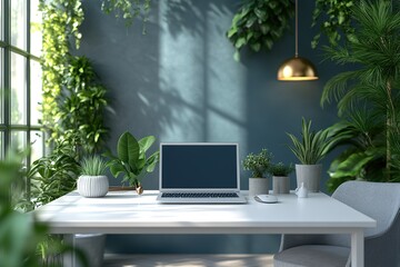 Poster - Work from home with plants creating a calming workspace Natural light laptop and desk in an office filled with greenery