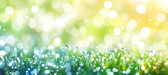 Canvas Print - Dewdrops on Lush Green Grass with Blurred Sparkling Bokeh Background, Springtime Nature