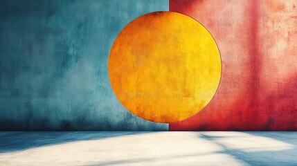 Poster - Contrasting Wall with Golden Circle, Abstract Composition in Blue and Red