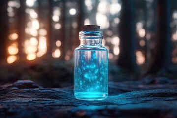 Sticker - In a mystical forest at dusk, a translucent glass bottle hovers above the ground, glowing blue liquid inside it emits sparkling light particles, suggesting magical healing properties