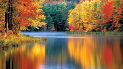 Poster - Autumnal Serenity: A Lake Mirroring Fall's Majesty