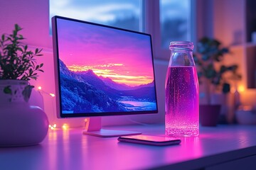 Poster - A vibrant workspace setup featuring a computer display refreshing drink and ambient lighting creating a modern aesthetic