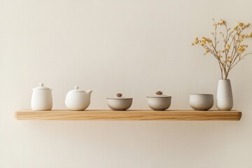Poster - Elegant minimalist shelf display featuring ceramic teapots and vases in a softly lit interior space