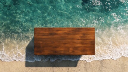 Canvas Print - Tranquil Beach Scene: Wooden Plank on Sandy Shore with Turquoise Water