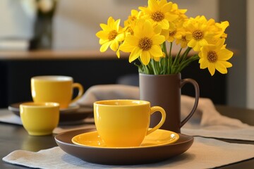 Bright yellow coffee cups with vibrant flowers create a cheerful table setting in a cozy kitchen