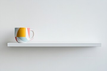 Aufkleber - Colorful ceramic mug on a white shelf against a plain background in a minimalist setting