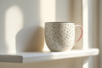Poster - Warm sunlight illuminates a polka dot mug resting on a white shelf in a cozy room