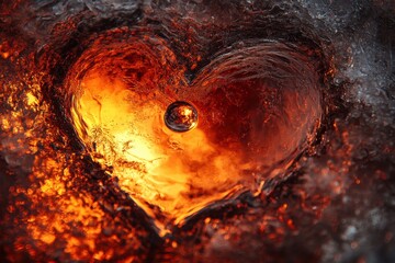 Poster - Heart shape formed by glowing fire and ice with a bubble, showcasing contrasting elements of warmth and cold