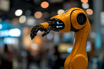 Poster - Robotic arm at tech expo; blurred background