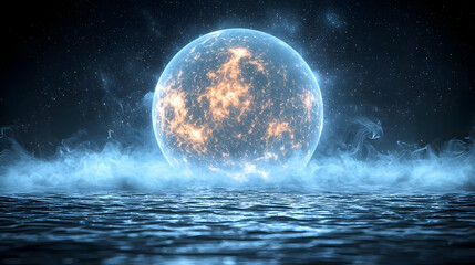 Wall Mural - Glowing moon over calm water at night