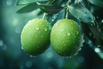 Wall Mural - Green olives shimmer with water droplets on a branch evoking a sense of freshness and natural beauty under soft bokeh-filled light