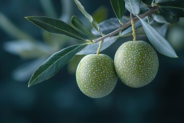 Wall Mural - Two unripe green fruits hang on a branch speckled with tiny white dots surrounded by dark green leaves against a blurred background