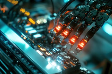 Poster - modern high tech authentic robot arm produces contemporary super computer processor.