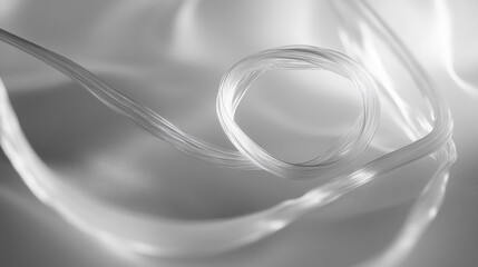 Poster - close up of a coiled fiber optic cable resting on a smooth, reflective surface. the delicate strands