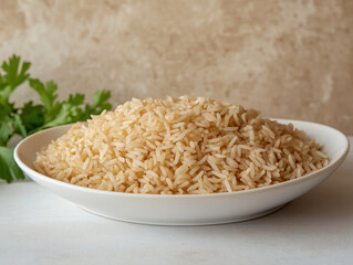 A light wood colour smooth bowl, the rice pile in the bowl is very full and full, full to the edge of the bowl, almost full out of the state, the bowl is a little smaller in the frame, product photogr