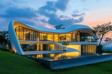 Poster - Modern Architectural Masterpiece at Sunset .