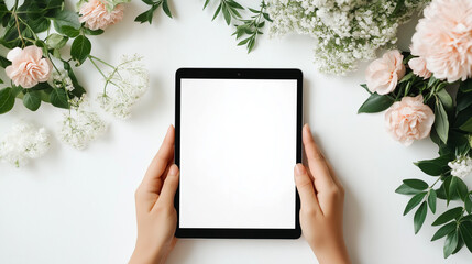 hand holding tablet pc ,blank horizontal tablet pc mockup, empty tablet screen template on white background
