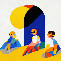 Aufkleber - Three abstract figures in colorful geometric shapes sit under large sun, evoking retro 1970s vibe. vibrant colors and bold design create playful and nostalgic atmosphere