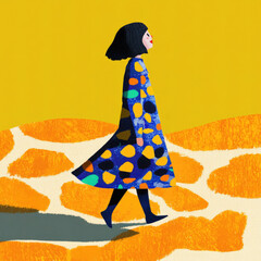 Aufkleber - woman in colorful polka dot dress walks confidently across vibrant, abstract landscape with yellow b