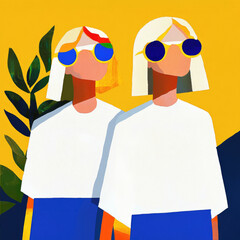 Aufkleber - two abstract figures with blonde hair and sunglasses stand against vibrant yellow background, evokin