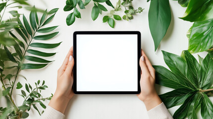 hand holding tablet pc ,blank horizontal tablet pc mockup, empty tablet screen template on white background
