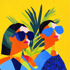 Aufkleber - two women wearing sunglasses stand against vibrant yellow background with palm leaf, showcasing colo
