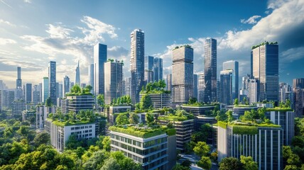 Wall Mural - Futuristic green cityscape with eco-friendly skyscrapers and urban greenery