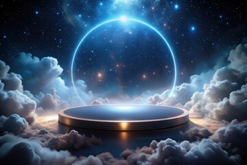 Wall Mural - Elevated Platform in a Celestial Dreamscape with Glowing Ring and Starry Night Sky